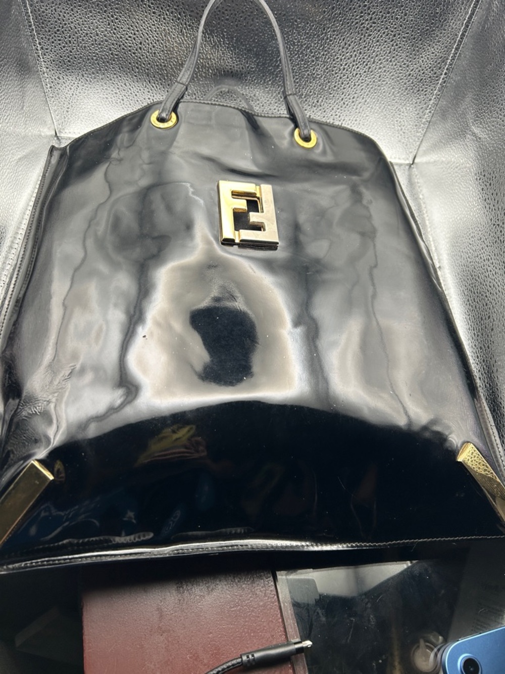 Fendi Black Patent Tote Bag with pouch - Picture 3 of 17